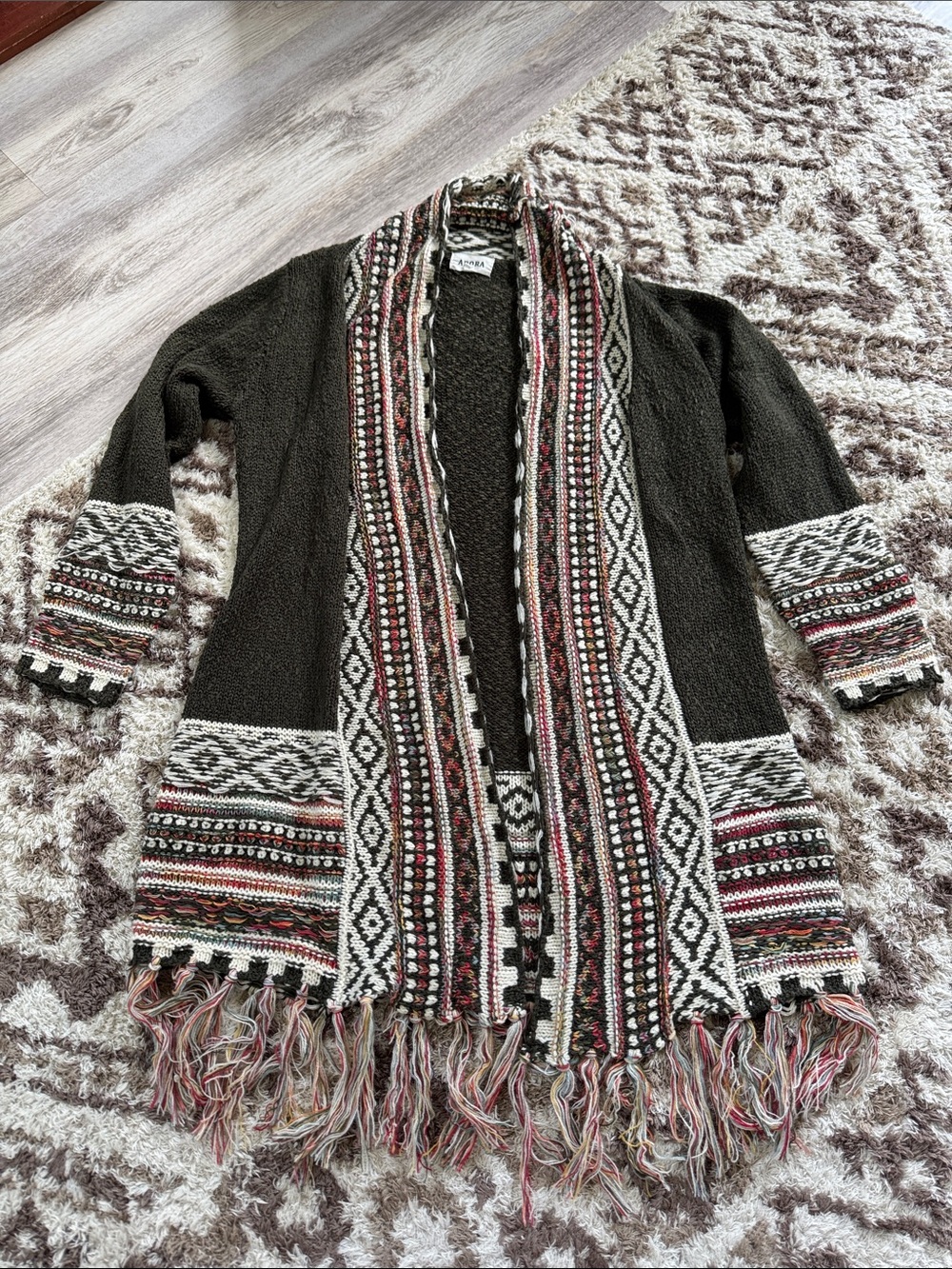 ADORA Green and Cream Textured Knit Open Cardigan